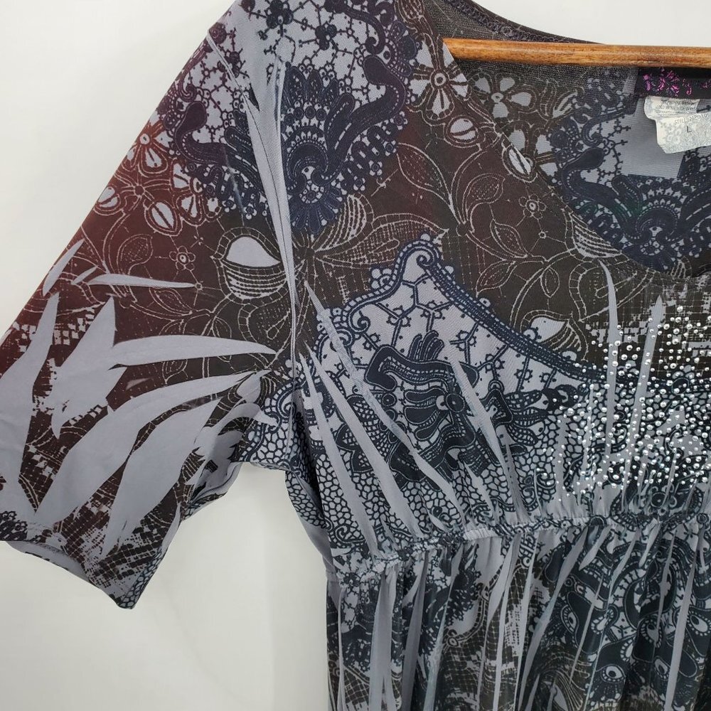 Vintage Womens Multi-Print Boho Dress Size L Gray Short Sleeve V-Neck Agenda - Picture 4 of 8